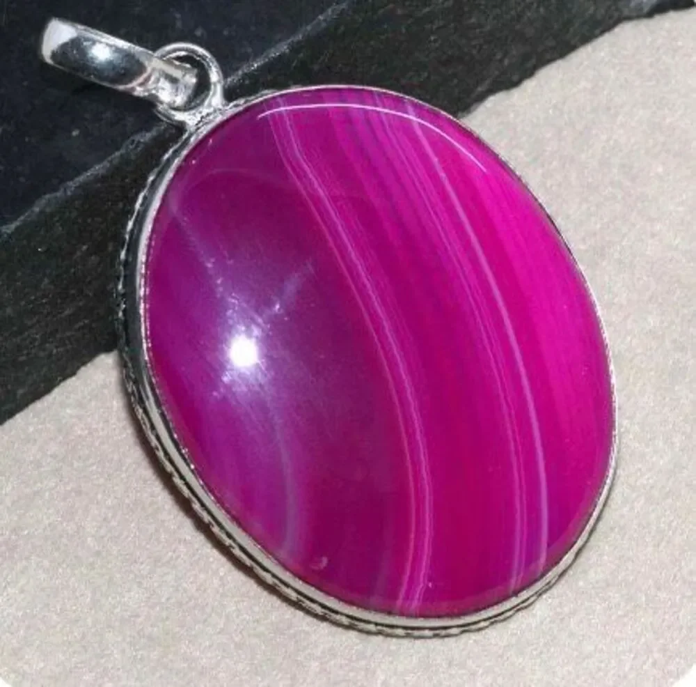 Pink Botswana Banded Agate Silver Necklace Boho Oval  Pendant Jewelry Gift New